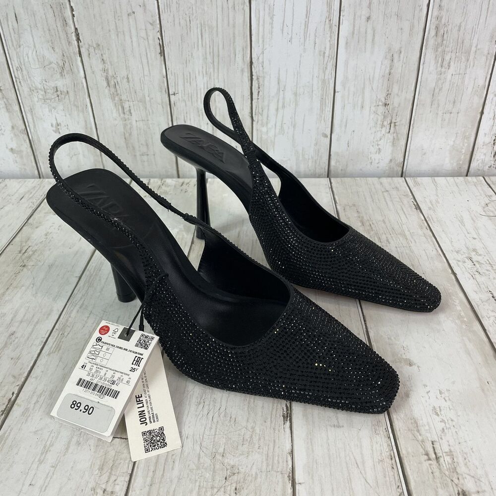 Embellished Black Slingback Heels - Women Shoes